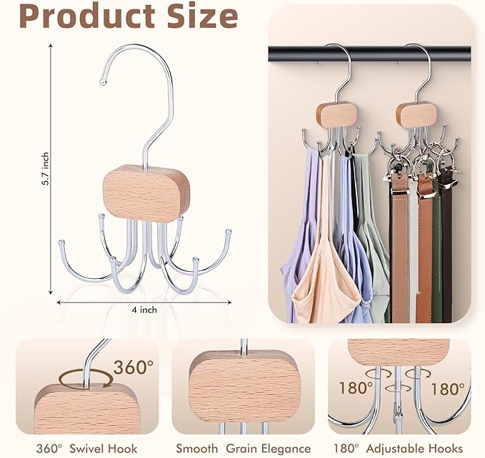 3 Pack Tank Top Hangers, 2026 Upgraded Bra Hanger for Closet Organizer & Storage, 360° Rotating & Foldable Design, Wooden Space-Saving Hanger for Tank Tops, Bras and More (Natural)