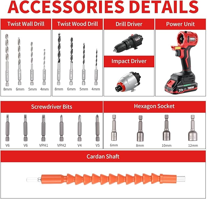 TEENO 20V Cordless Drill and Impact Driver, Brushless Power Tool Combo Kit Included 3/8'' Drill & 1/4'' Impact Driver, 2x 1.5Ah Batteries, Fast Charger, 19 pcs Driver Bit Set & Bag