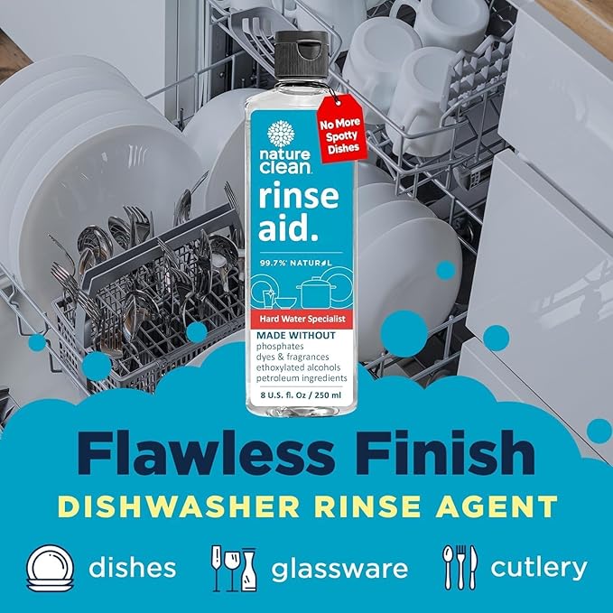 Nature Clean All Natural Dishwasher Rinse Aid Cleaner, Liquid Dishwasher Rinse Agent Spot-Free Glass & Cutlery in Hard Water, Non-Toxic Dish Washer Drying Agent & Stain Remover, 8 oz/250ml, Pack of 1