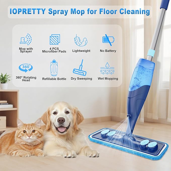 Microfiber Hardwood Floor Mop - Wet Dry Spray Mop with 4 Washable Pads for Tile Wood Laminate Vinyl Marble Home Kitchen - 500+ ML Refillable Bottle Dark Blue