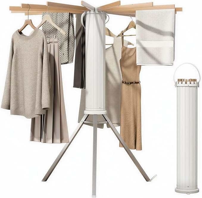 Laundry Drying Rack Collapsible, Tripod Clothes Drying Rack Foldable with 16 Wooden Rods Ideal for Versatile Indoor and Outdoor Use in Apartment, RV, Balcony and Bedroom.