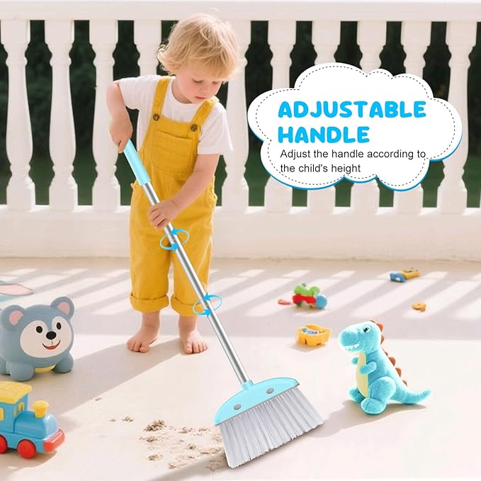 Mini Broom with Dustpan for Kids, 28-in Handle Kids Broom and Dustpan Set for Toddlers Cat-Shaped Children Broom and Cleaning Set Boys Girls Small Housekeeping Helper Set, Blue