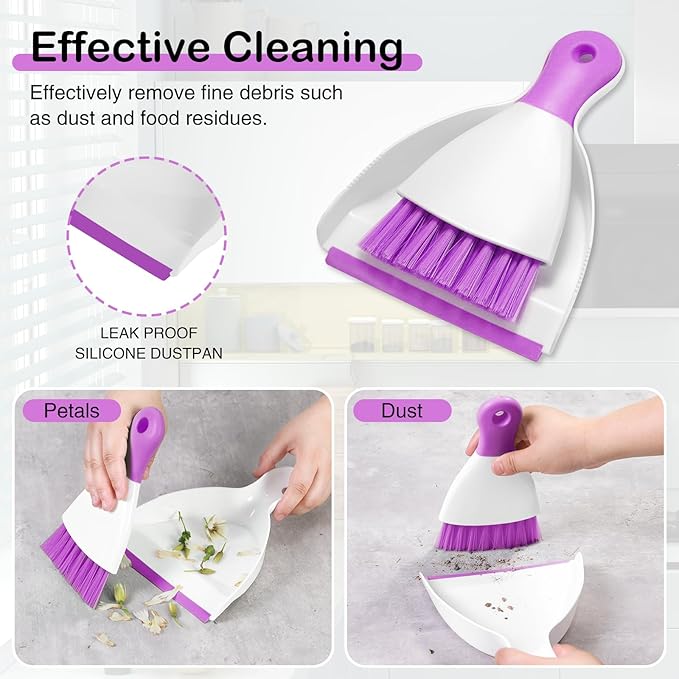 NACENA Mini Dustpan and Brush Set 2 Pack, Small Broom and Dustpan Set Dust Pan and Mini Hand Broom Dustpan and Broom Combo Compact for Home Table Keyboards Sofa Kitchen, Purple