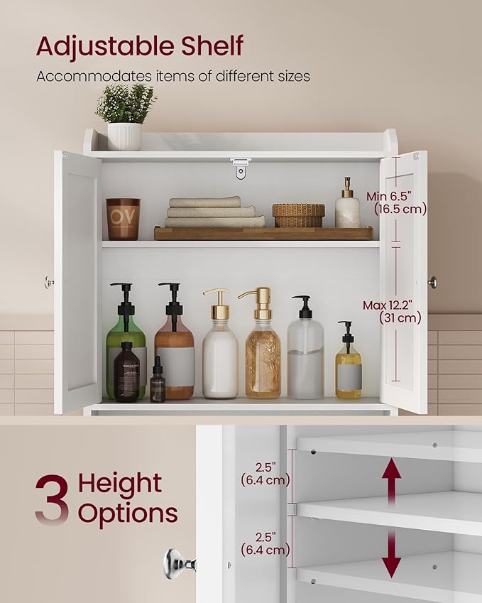 VASAGLE Over the Toilet Storage Cabinet, Bathroom Storage Cabinet with Doors, Adjustable Shelves, Space-Saving, Modern, 7.9 x 24.6 x 70 Inches, Cloud White UBTS008WH01S