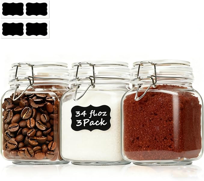 ComSaf 3-Pack Square Glass Coffee Canisters for 1lb Bean Bags, 34oz Airtight Jars with Clamp Lids for Tea, Sugar & Flour, Space-Saving Pantry Organization for Small Apartments & Coffee Station