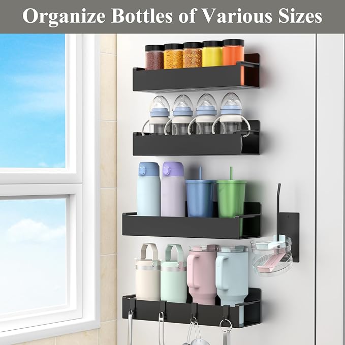 Magnetic Water Bottle Holder for Refrigerator, Cup Holder Organizer for Stanley and Tumbler for Kitchen, 4 Pack, Black