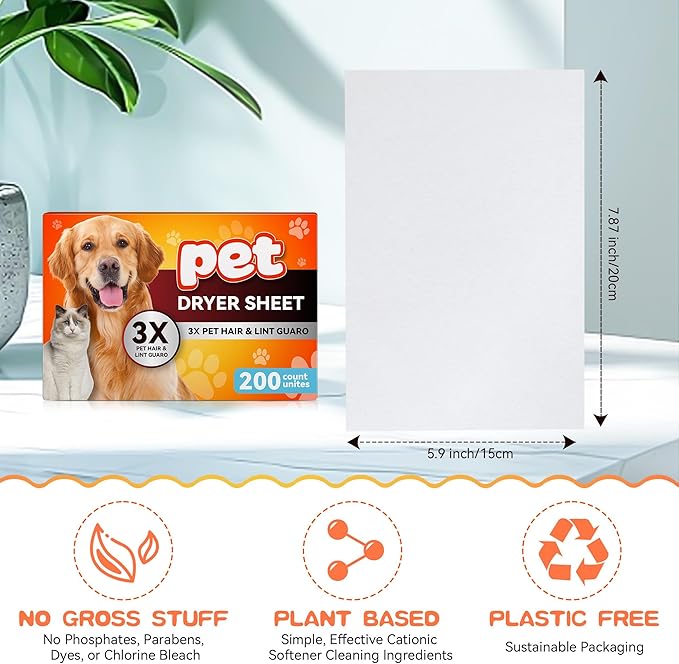 Pet Hair Remover for Laundry, Lint Dryer Sheets, 3 X Pet Hair Fighters, Reduces Static, Adds Softness(Scented,200 Count)