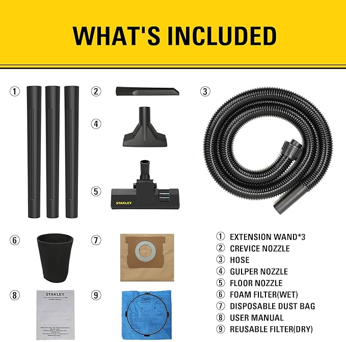 Stanley - SL18129 Wet/Dry Vacuum, 4 Gallon, 4 Horsepower, Stainless Steel Tank Silver+yellow