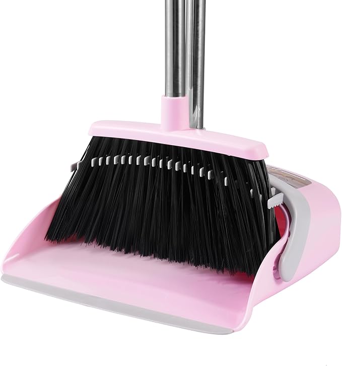 Broom and Dustpan Set, 54” Long Adjustable Household Hand Broom with Dustpan Teeth to Clean Hair Broom with Dustpan Set Heavy Duty to Clean Hair for Home Lobby Office (Pink)