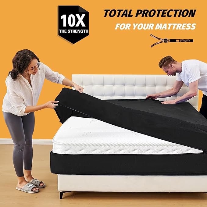 Mattress Bags for Moving, BETU Mattress Protector Waterproof Mattress Cover Full Size Storage Bags with 8 Heavy-Duty Handles and Zipper for Bed Extra Thick Large Reusable (77"x57"x15" Black)