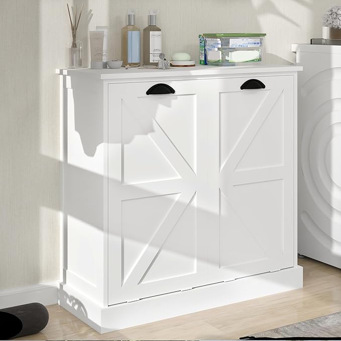 Two-Compartment Tilt-Out Laundry Sorter Cabinet with Removable Cloth Bags,Laundry Room Organization,UV Painting Cabinet for Laundry Room,Bathroom,Utility Room-White