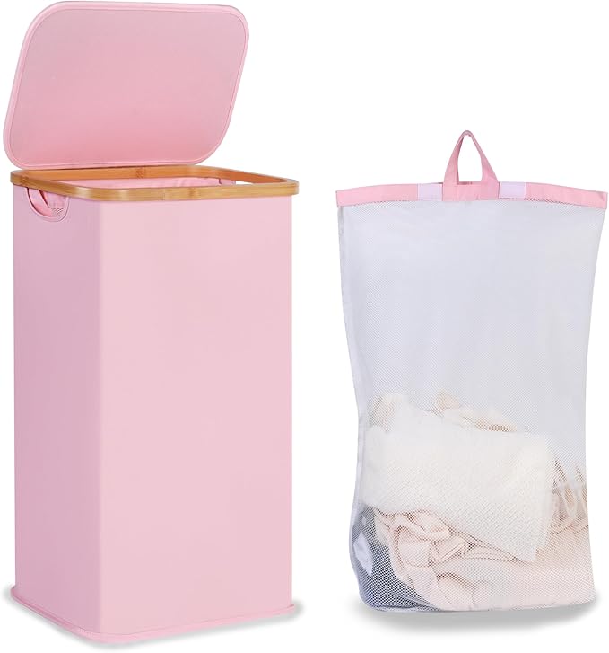 iEGrow Laundry Hamper with Lid, 110L Large Laundry Basket with Handle and Lid, Collapsible Clothes Basket Organizer with Removable Inner Bag for Clothes Toys Towels,Pink
