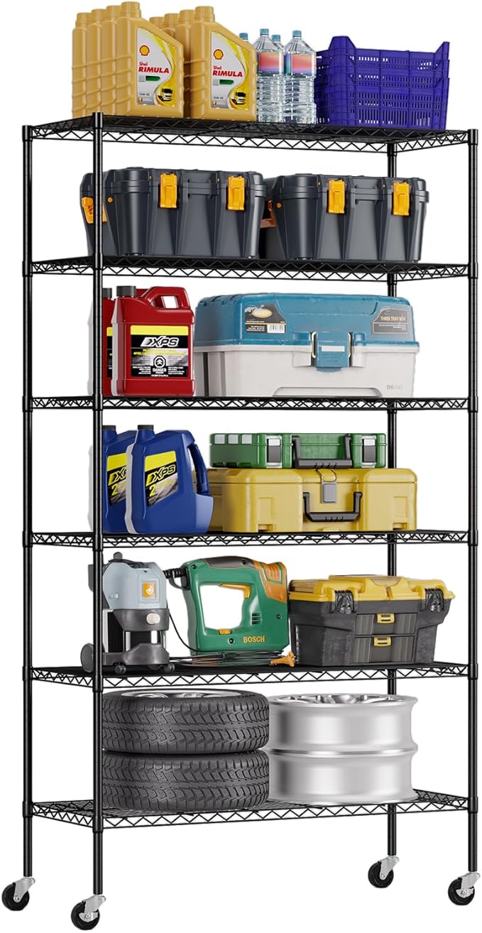 FDW | 6-Tier Wire Storage Shelves with Wheels | 45"x18"x82" | Black | Adjustable Racks | Heavy-Duty Metal Shelf, Holds Upto 2100 lbs | Tool-Free Assembly, Rust-Resistant | for Home & Garage Shelving