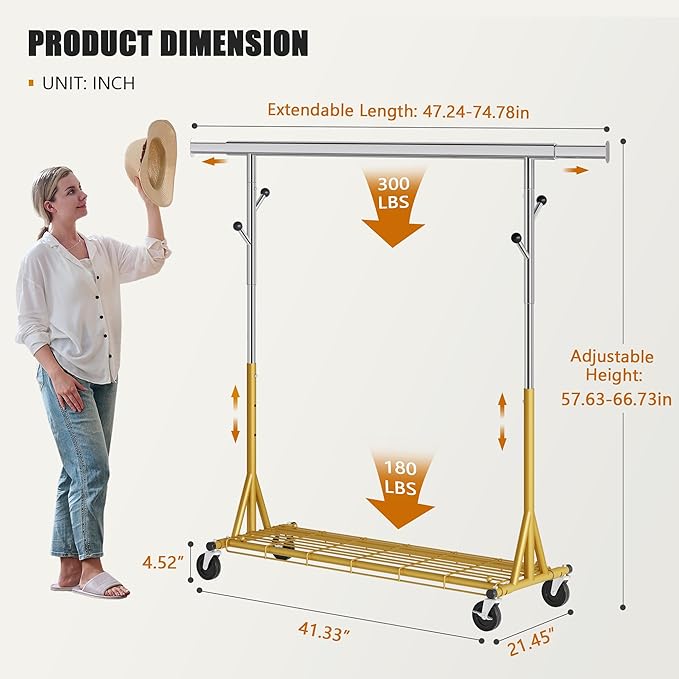 Gewudraw Rolling Clothes Rack Load 530lbs,Heavy Duty Garment Rack With Sturdy Wheel And Shelves, Adjustable Portable Hanging Rack For Clothes, Gold