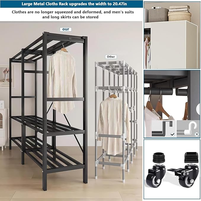 Heavy Duty Covered Clothes Rack with Magnetic Door Foldable Portable Wardrobe Closet for Hanging Clothing Rolling Black Metal Garment Rack on Wheels Closet System (White, 74.7in)