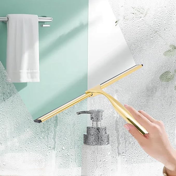 Shower Squeegee for Glass Doors,10 Inch Stainless Steel Squeegee for Shower Glass with Storage Hook, Shower Squeegee for Tile Shower Walls, Window Mirror Squeegee and Car Glass (Gold)