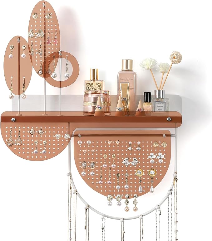 Keebofly Leaf-Shaped Wall Mounted Jewelry Organizer - Acrylic Earring Organizer with Shelf for 444 Earrings, Sturdy Jewelry Tower for Earring, Necklace, Bracelet, Gifts for Women & Girls