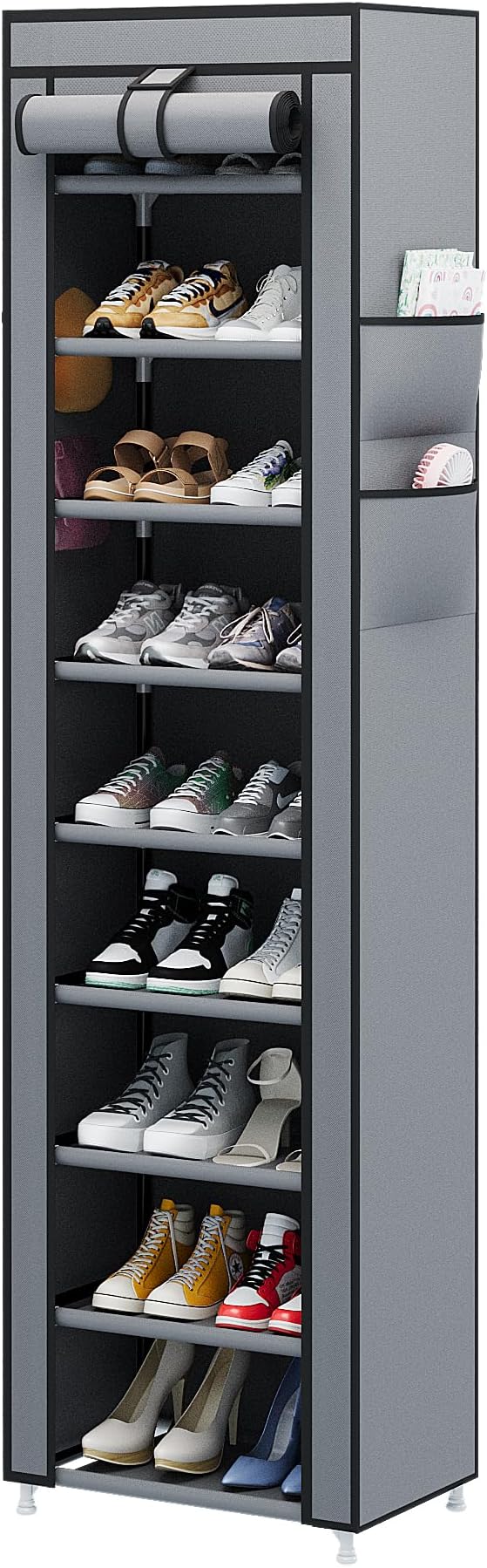 Calmootey 9 Tier Shoe Rack Organizer,Portable Shoe Shelf with Nonwoven Fabric Cover for Closet Hallway,Bedroom,Entryway,17.72x11.81x62.99inches,Grey