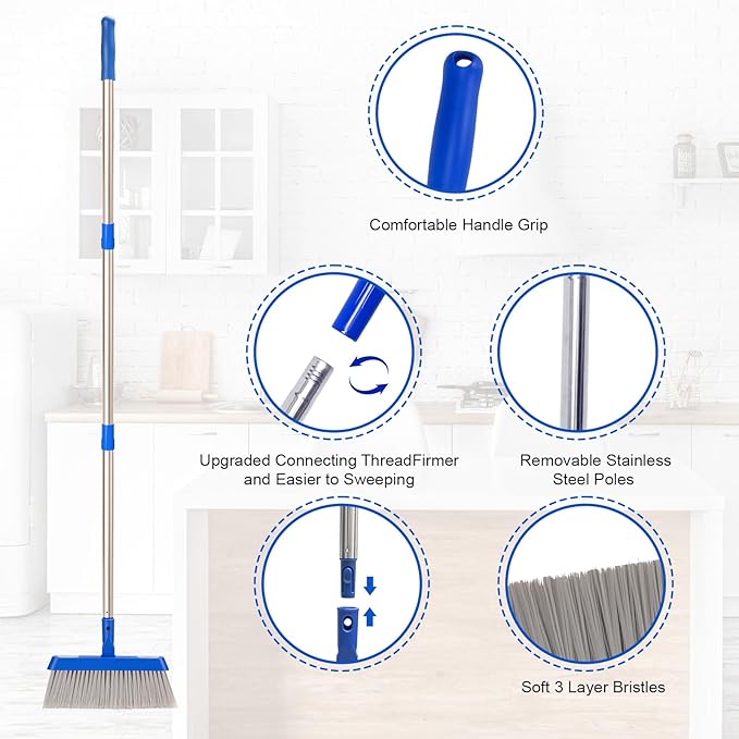Broom - 52-Inch Adjustable Long Handle Broom, Multi-Scene Indoor Cleaning Tool for Hardwood Floors, Tiles, Kitchens, Offices, Courtyards, Lobbies, Patios.