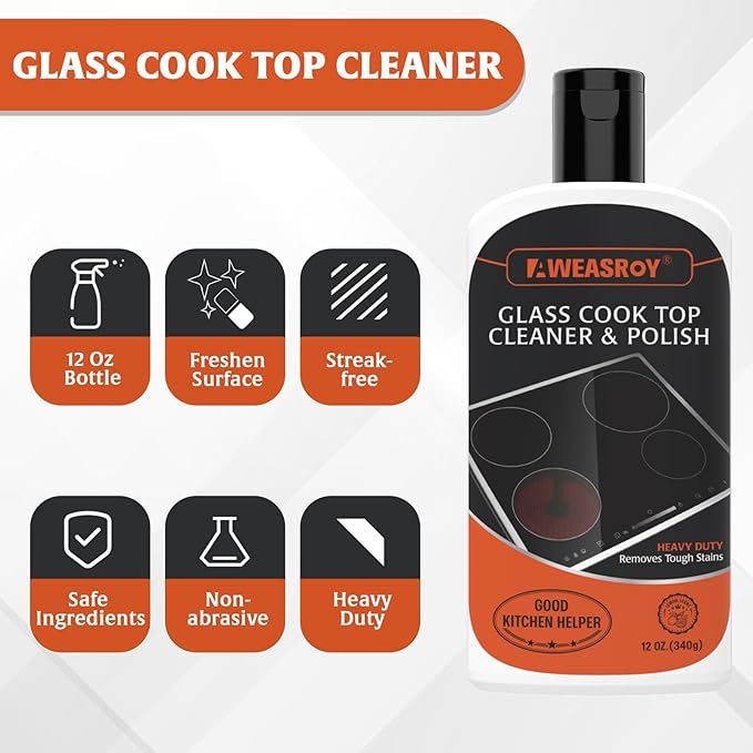 20pcs Glass Stove Top Cleaner Kit - 12 oz Cooktop Cleaner Polish, Non-Abrasive No Scratch, Removes Tough Stains, Includes Scrubbing Pad, Scraper & Microfiber Cloth for Smooth Glass Surfaces