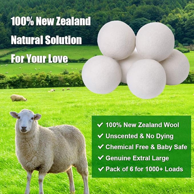 KINTOR Wool Dryer Balls XL 6 Pack, 100% New Zealand Wool Organic Fabric Softener, Hypoallergenic Baby Safe Unscented, Chemical Free Reduce Wrinkles Static Cling, Shorten Drying Time (XL-6pack)