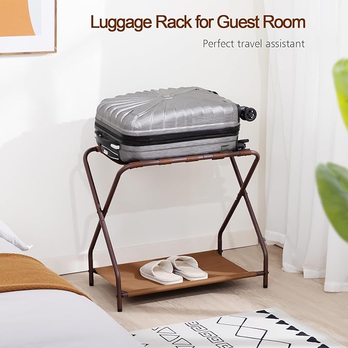 AMHANCIBLE Luggage Rack, Set of 2, Foldable Suitcase Stands for Guest Room, Metal Luggage Holder with Storage Shelf for Bedroom, Hotel, Easy Assemble, Bronz HLR02BZ
