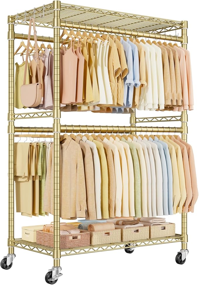 ULIFHOME P4 Plus Rolling Clothes Rack Heavy Duty, Clothing Racks for Hanging Clothes, Free Standing Garment Racks with Wheels, Portable Closet Rack 45'' W × 20.5'' D × 80.5'' H, Max Load 570 Lbs, Gold