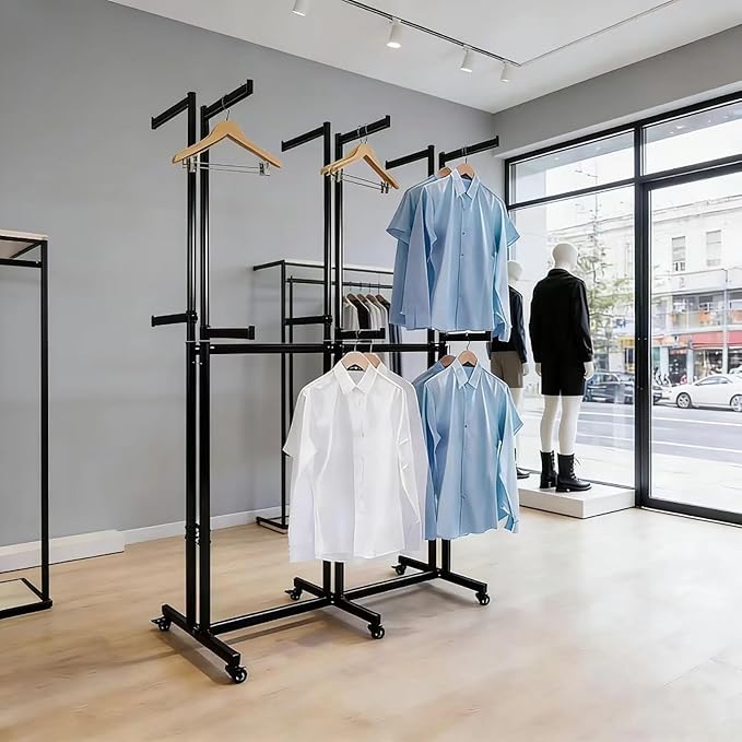 Floor Standing Metal Garment Rack - Heavy Retail Display Racks With Wheels, Two-story 12 Arms Clothing Rack, Square Tubing Portable Shirt Rack, Merchandise Display RackFor Hanging Clothes (Black-2)