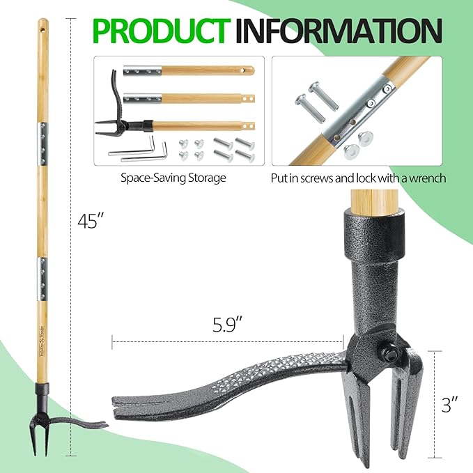Weeder - Stand Up Weed Puller Tool Made with Long Handle - Real Bamboo & 4-Claw Steel Head, Weeding Tool Weed Remove Tool for Lawn/Yard