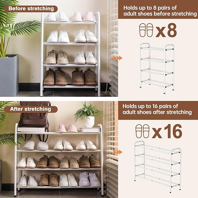Gonfoam 4-Tier Expandable Shoe Rack,Adjustable Shoe Shelf Storage Organizer Heavy Duty Metal Free Standing Shoe Rack for Entryway Closet Doorway (White)