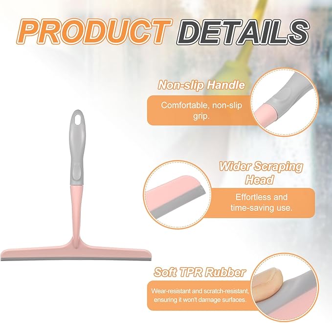 HARFINGTON Shower Squeegee 9.6 Inch Length Water Blade Cleaner Tool Household Mirror Squeegee with Hole for Windshield Window Cleaning Glass Door, Pink