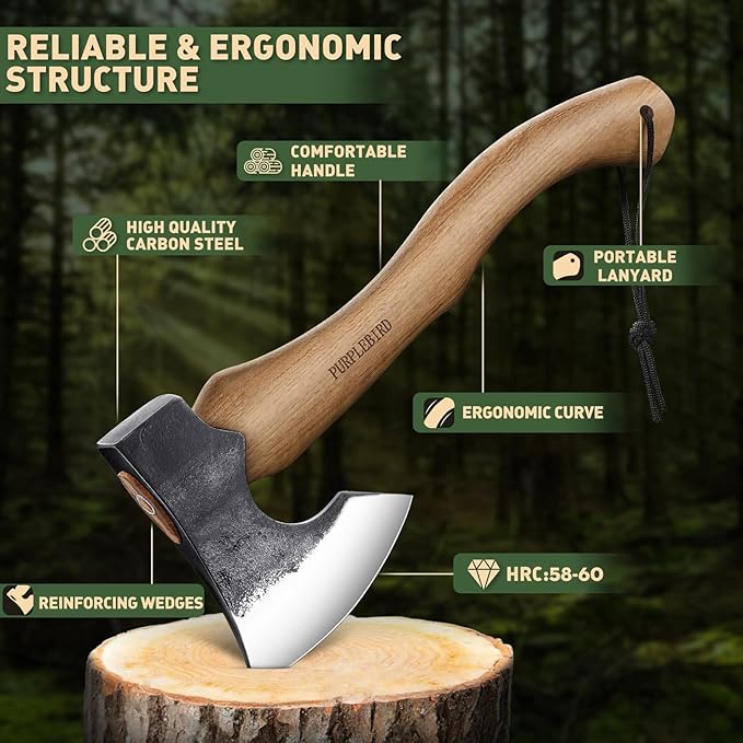 PURPLEBIRD Hatchet Axe with Sheath for Camping, 15 Inch Bushcraft Axe Carbon Steel Chopping Axes Wood Handle Splitting Axes, Hand-Forged Camping Hatchet for Carving Bushcraft Outdoor Forest Garden