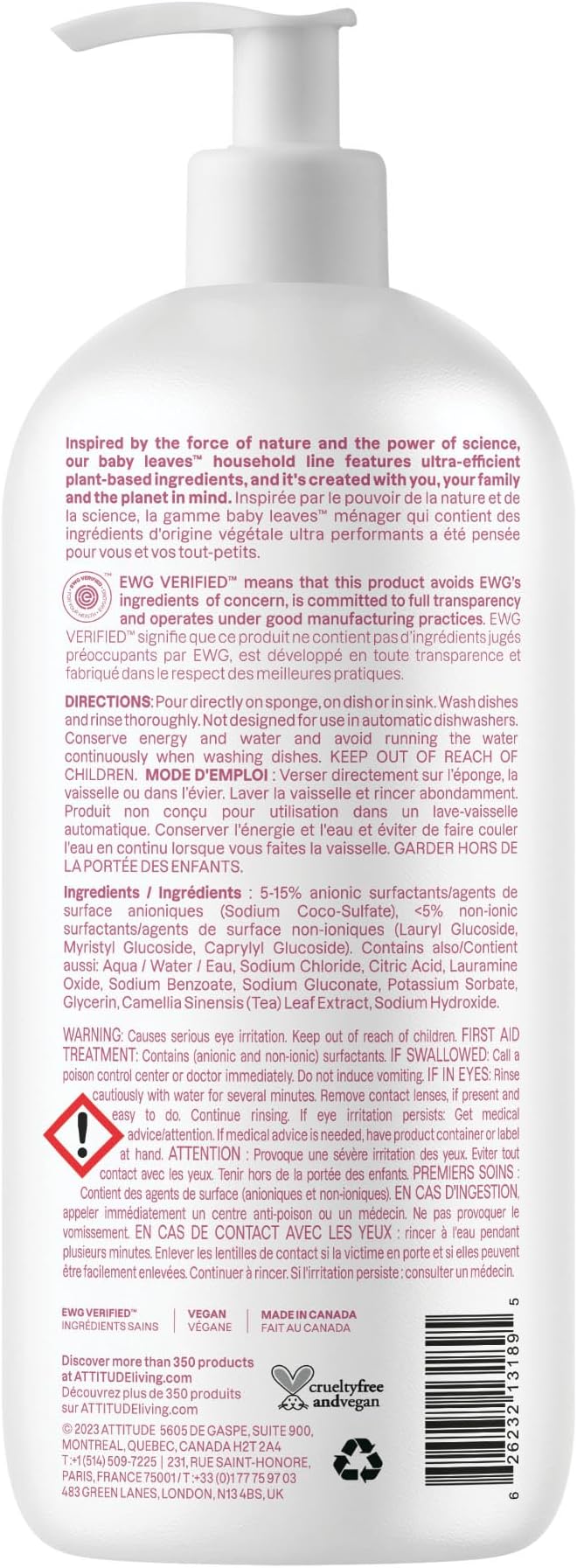 ATTITUDE Baby Bottle & Dish Soap, EWG Verified Bottle Cleaner, Fragrance Free & Dye Free, Removes Milk Residue & Grease, Vegan, Unscented, 33.8 Fl Oz