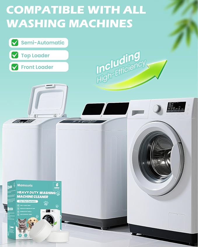 Heavy Duty Washing Machine Cleaner Tablets, Deep Cleaning For High Capacity HE, Front Loader & Top Load, Removes Pet Hair, Odors, Formulated for Pet Owners, 6 Month Supply, 6 XL Tablets, 40G