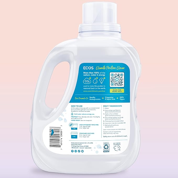 ECOS Laundry Detergent Liquid, 200 Loads - Dermatologist Tested Laundry Soap - Hypoallergenic, EPA Safer Choice Certified, Plant-Powered - Lavender, 100 Fl Oz (Pack of 2)