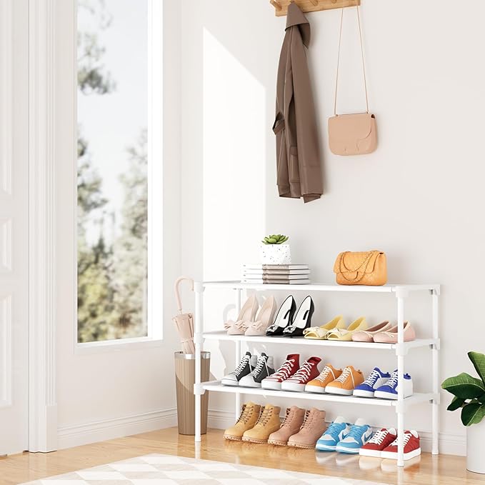 34" Widening Design Shoe Rack for Closet 16 Pairs Small Spaces Non-Woven 3 Tier Shoe Organizer Stackable Metal Shoe Shelf for Entryway, Bedroom White