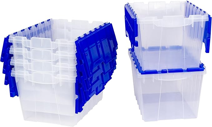 Akro-Mils KeepBox 12 Gallon Storage Container, Nesting and Stackable Plastic Storage Box with Lid Attached, Clear Tote for Garages, Closets, and Moving, 21-1/2" x 15" x 12-1/2", Clear/Blue, 6-Pack