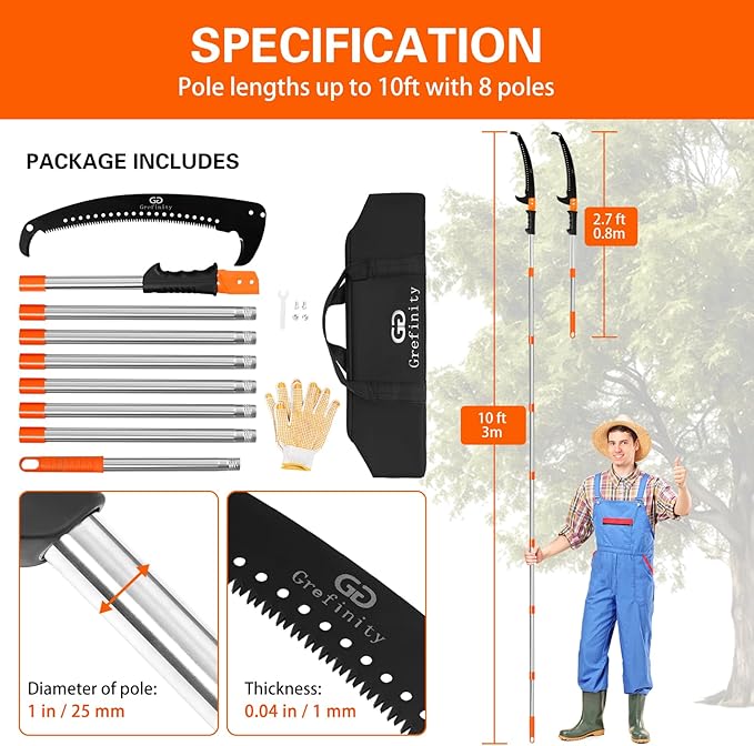 Manual Pole Saw for Tree Trimming, 10 FT Pruning Saw with 6-Section Stainless Steel Handle, Sharp steel Blade, Easy to Carry and Lightweight Extendable Design for Garden & Tree Maintenance