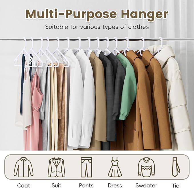 White Plastic Hangers 18 Pack, Heavy Duty Clothes Hangers with Center Hook & Non-Slip Pants Bar for Standard Size Shirts, Pants, Coat, Dresses, Jackets, Scarves and Belts