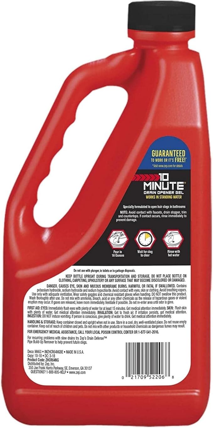 Zep 10 Minute Drain Opener Gel 64 Ounce - ZHCR64NG - Commercial Strength, Fast Acting and Safe for All Pipes