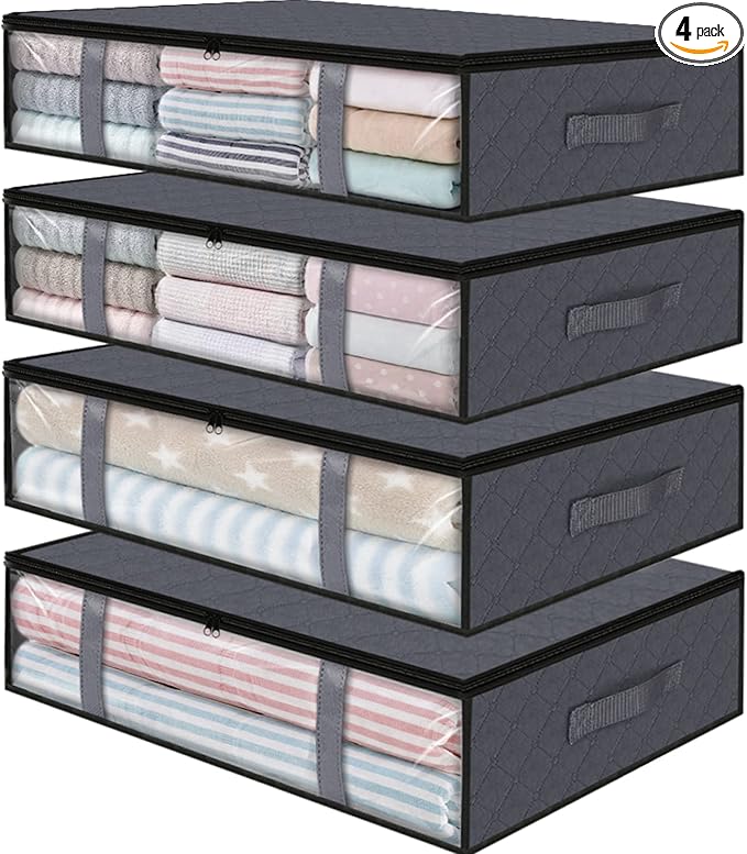 StorageRight Under Bed Storage Bags 4 Pack, 40L Large Clothes & Comforter Storage Containers with Clear Window, Breathable Fabric Organizer for Blankets, Bedding, Seasonal Clothing, Grey