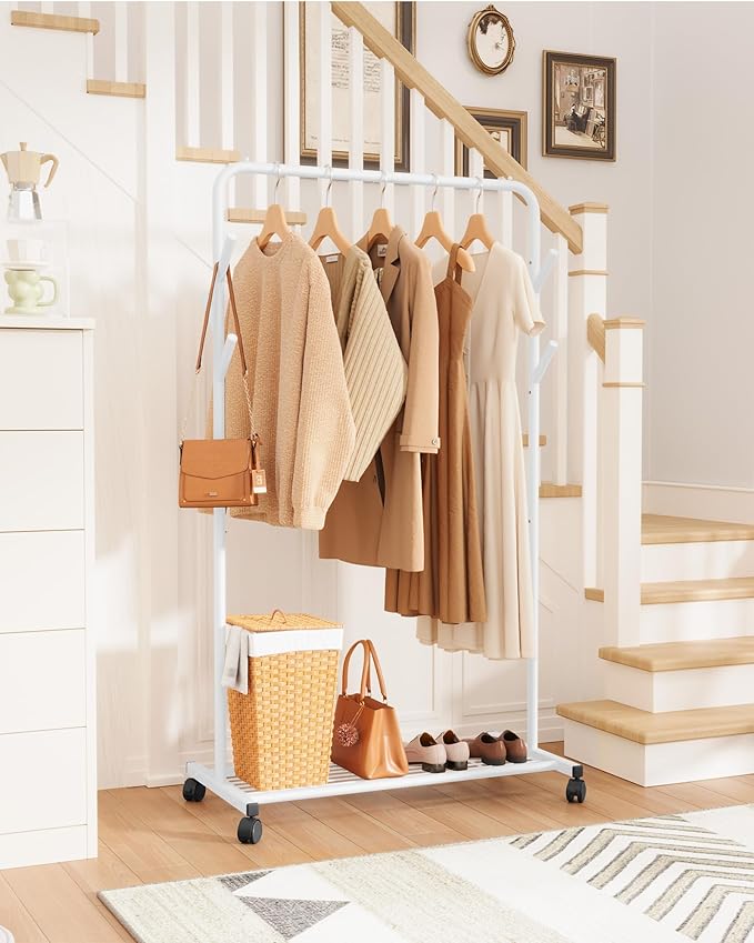 Sakugi Clothes Rack - Metal Coat Rack with Bottom Shelf, Portable Wardrobe Rack with 6 Side Rods, Rolling Clothing Rack for Hanging Clothes for Bedroom or Laundry Room (White, 28.7 x 17 x 59.4)
