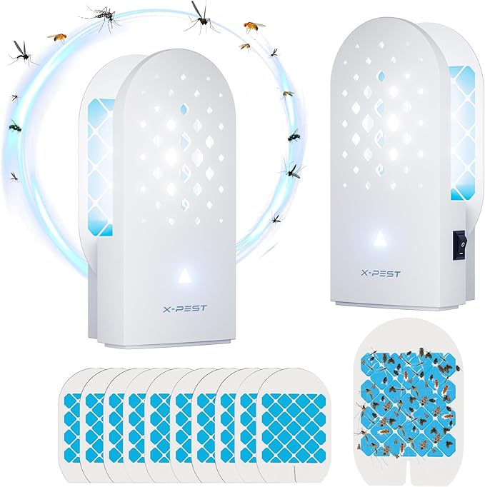 X-PEST Flying Insect Trap Indoor Plug-in for Mosquito, Flies, Fruit Flies, Moths, Gnats, Gnat Trap for Indoor Area Use(2 Devices+ 10 Glue Boards)