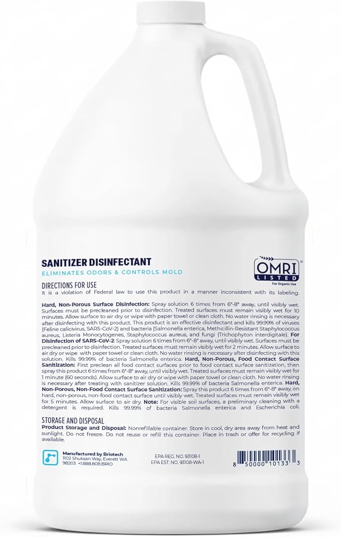 BRIOTECH Sanitizer Disinfectant Hypochlorous, Kill 99.99% of Viruses & Bacteria, Control Mold, Eliminate Odor, Gentle for Nursery & Play Rooms, Food Contact Surface Sanitizer, 1 Gallon Refill