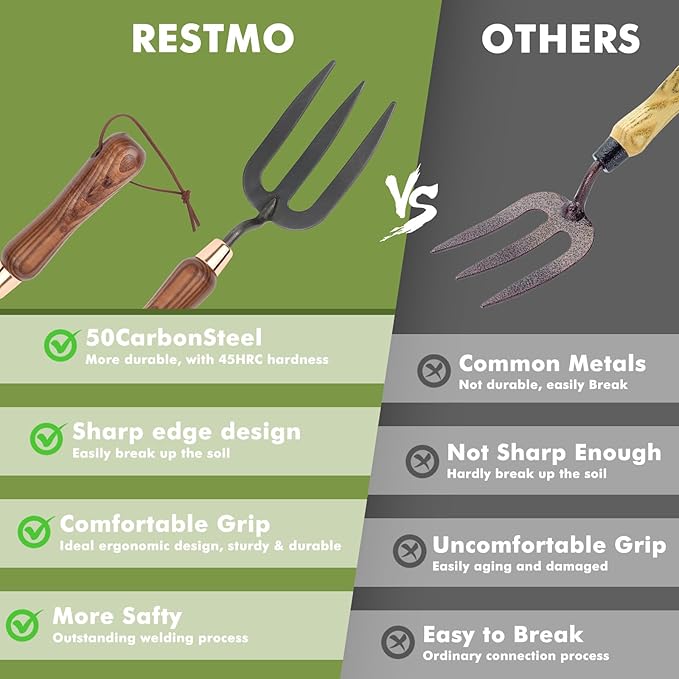 RESTMO Heavy Duty Gardening Hand Fork, Thickened Hand Weeding Fork for Planting or Removing Plants, Turning Soil, Weeding, and Cultivating