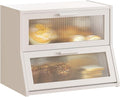GHWIE Double Layer Bamboo Bread Box for Kitchen Counter,Large Capacity Bread Storage Bin,Bread Container with Acrylic Wavy Door Panel (White, Medium)