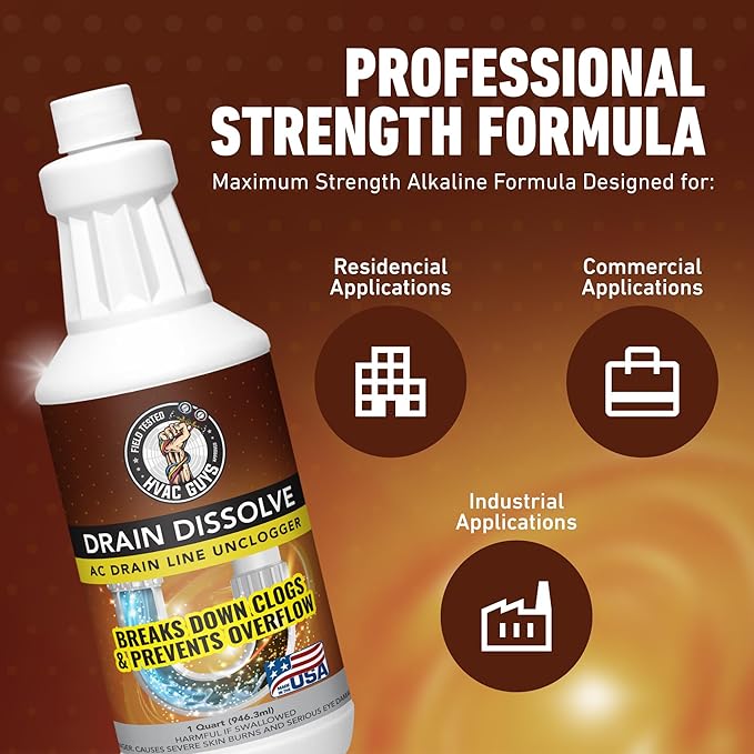 Drain Dissolve | AC Drain Line Cleaner & Unclogger | Heat Generating Alkaline Formula | Prevents Overflow | Clears Hair, Grease, Gunk - 32oz