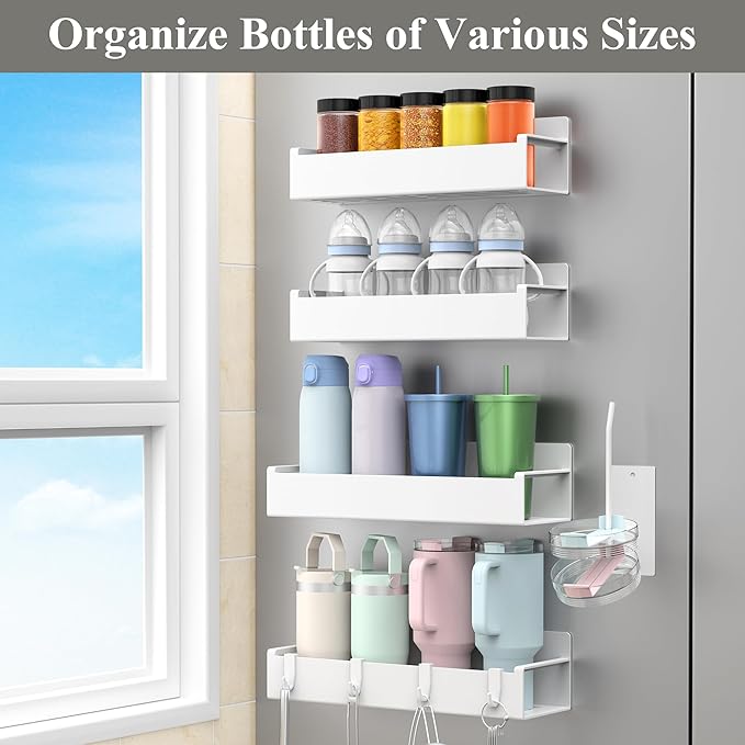 Magnetic Water Bottle Holder for Refrigerator, Cup Holder Organizer for Stanley and Tumbler for Kitchen, 4 Pack, White