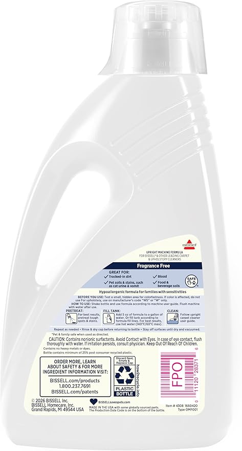 Bissell Free & Clear OXY Carpet Deep Clean Solution, for use in leading upright carpet cleaners, 60oz, Same powerful clean, gentle for families, Hypoallergenic formulation without dyes or fragrance