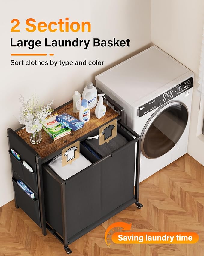 Laundry Sorter 2 Section: Laundry Hamper Basket with Shelf and Wheels - Rolling Laundry Basket Organizer with Pull-Out Cart - Clothes Hamper for Laundry Room Bathroom Bedroom